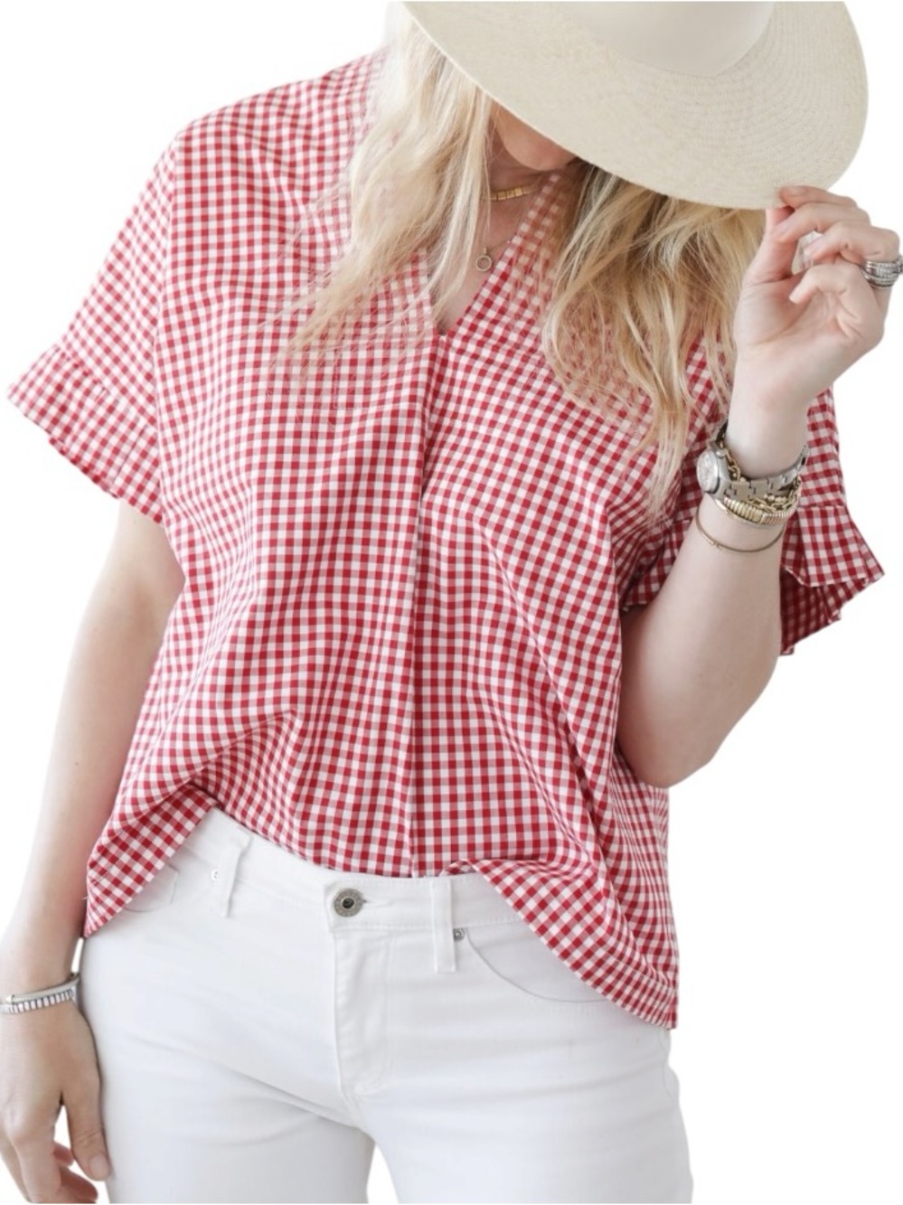 LN Brooke Wright Cheer Gear Pleated Kimono Sleeve Red Gingham Print Blouse - OS